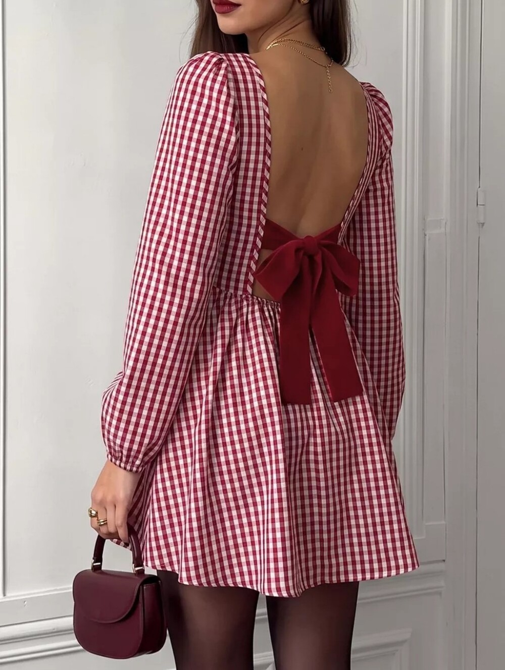 Backless Plaid Long Sleeve Dress